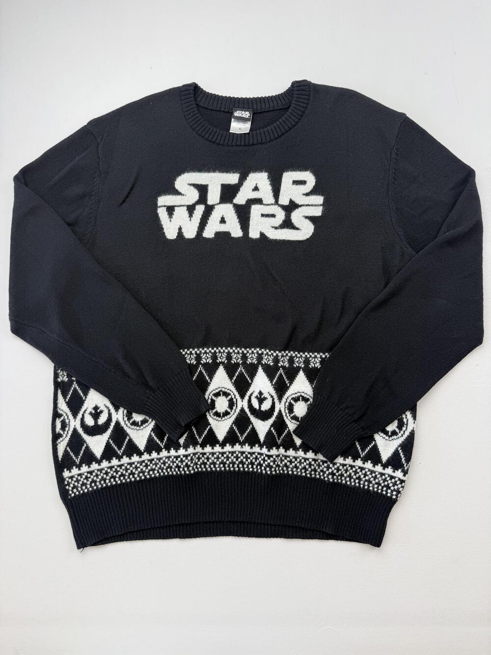 Star Wars Sweater Mens XL Black Crewneck Knit Pullover Logo Fair Isle Graphic
